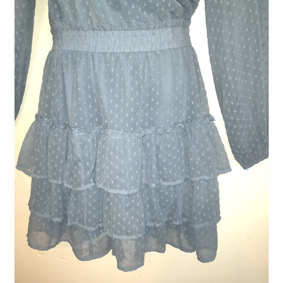 Express Blue Mini Dress SMALL Tiered Ruffles Swiss Squares Sheer Lined Keyhole - Picture 2 of 16